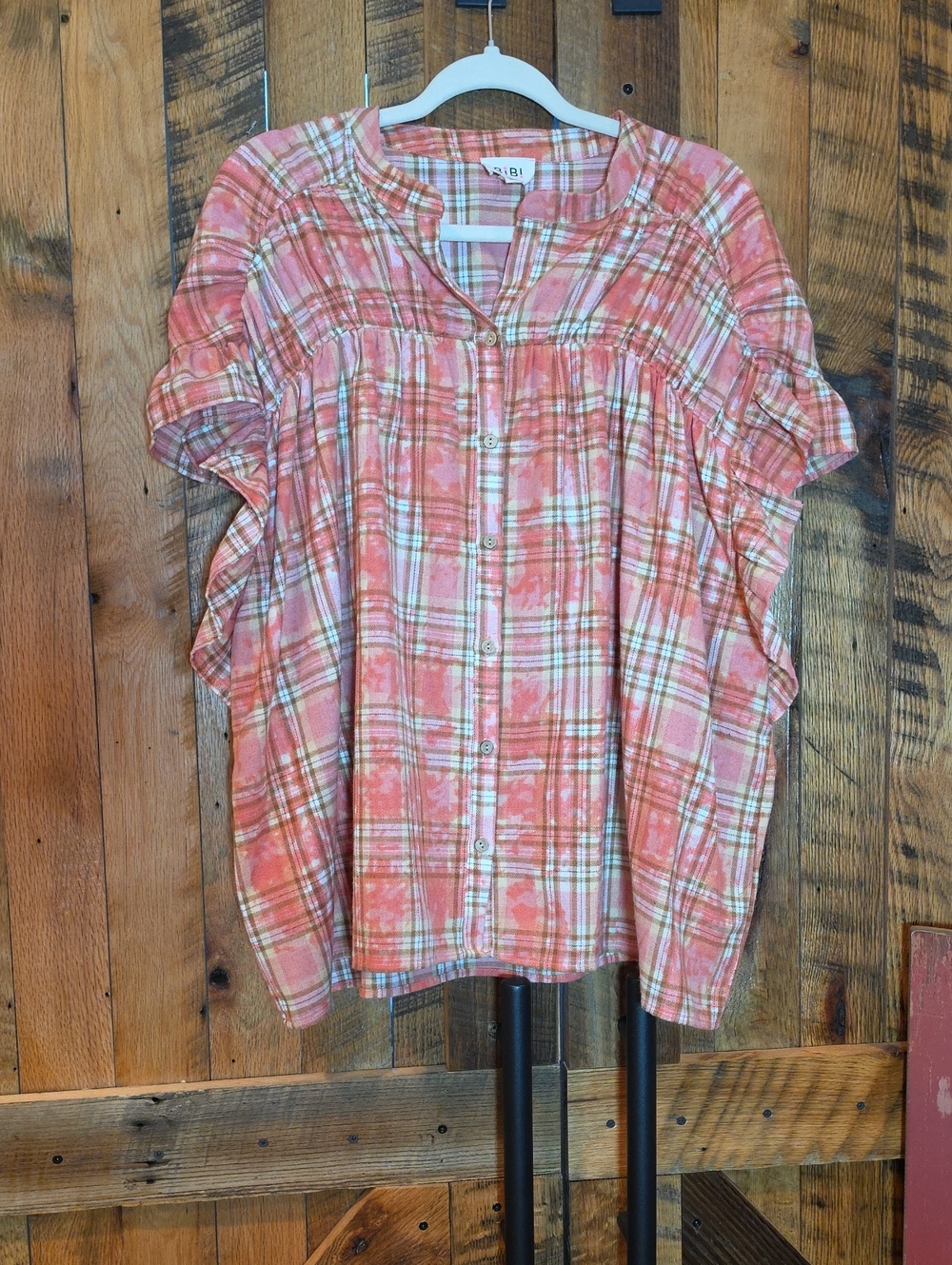 229p BiBi Coral Plaid Button-Down Babydoll Top